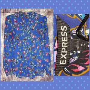 Express Navy Blue/Multicolor Floral Print Hi-Lo Woven Button Front Blouse Sz Med